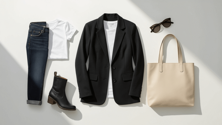 A minimalist studio flatlay showcasing seasonal wardrobe essentials including a black blazer, white tee, dark wash jeans, leather boots, and a neutral tote bag, arranged harmoniously in a gradient from light to dark on a clean white background.