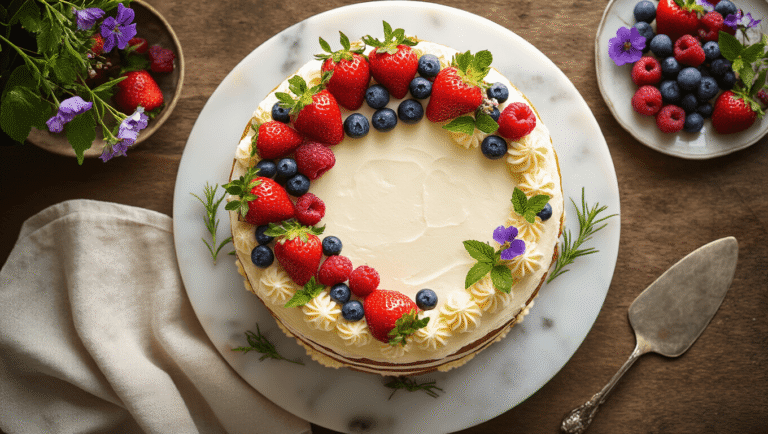 Overhead shot of a rustic semi-naked birthday cake adorned with seasonal berries and edible flowers, displayed on a marble turntable with warm golden hour lighting.