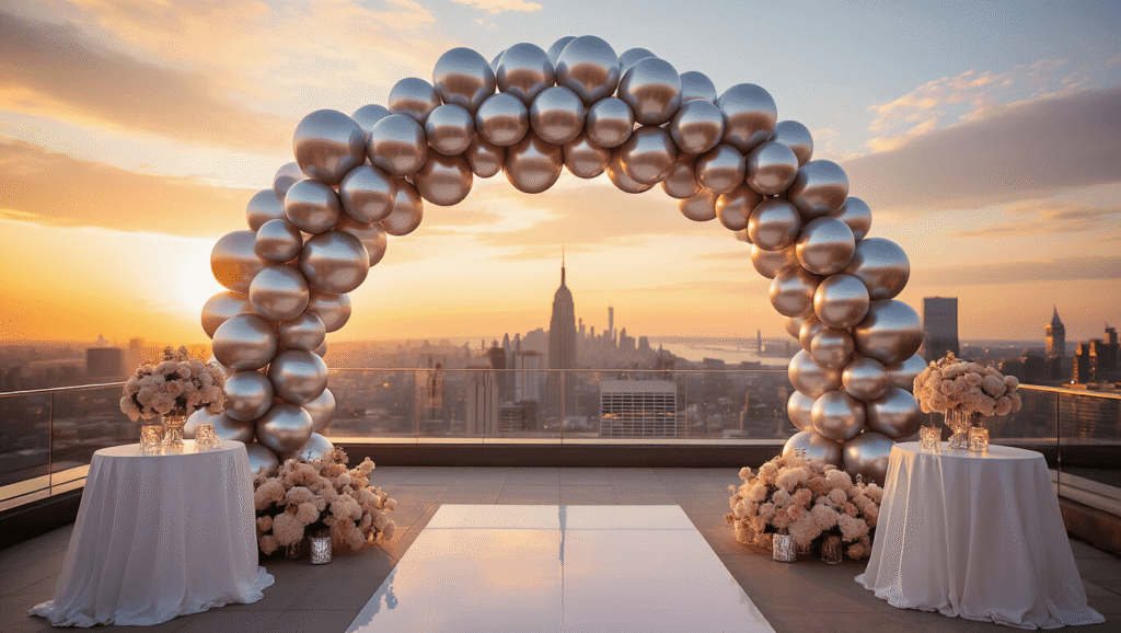 A luxurious rooftop terrace at golden hour featuring a silver balloon arch, blush pink and white flowers, cocktail tables with geometric silver vases, and a sparkling champagne tower against a city skyline backdrop.