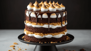 A hyperrealistic three-layer chocolate cake on a matte black stand, featuring rich layers with graham cracker crust, glossy ganache drips, and topped with torched marshmallows, set against a dark moody background.