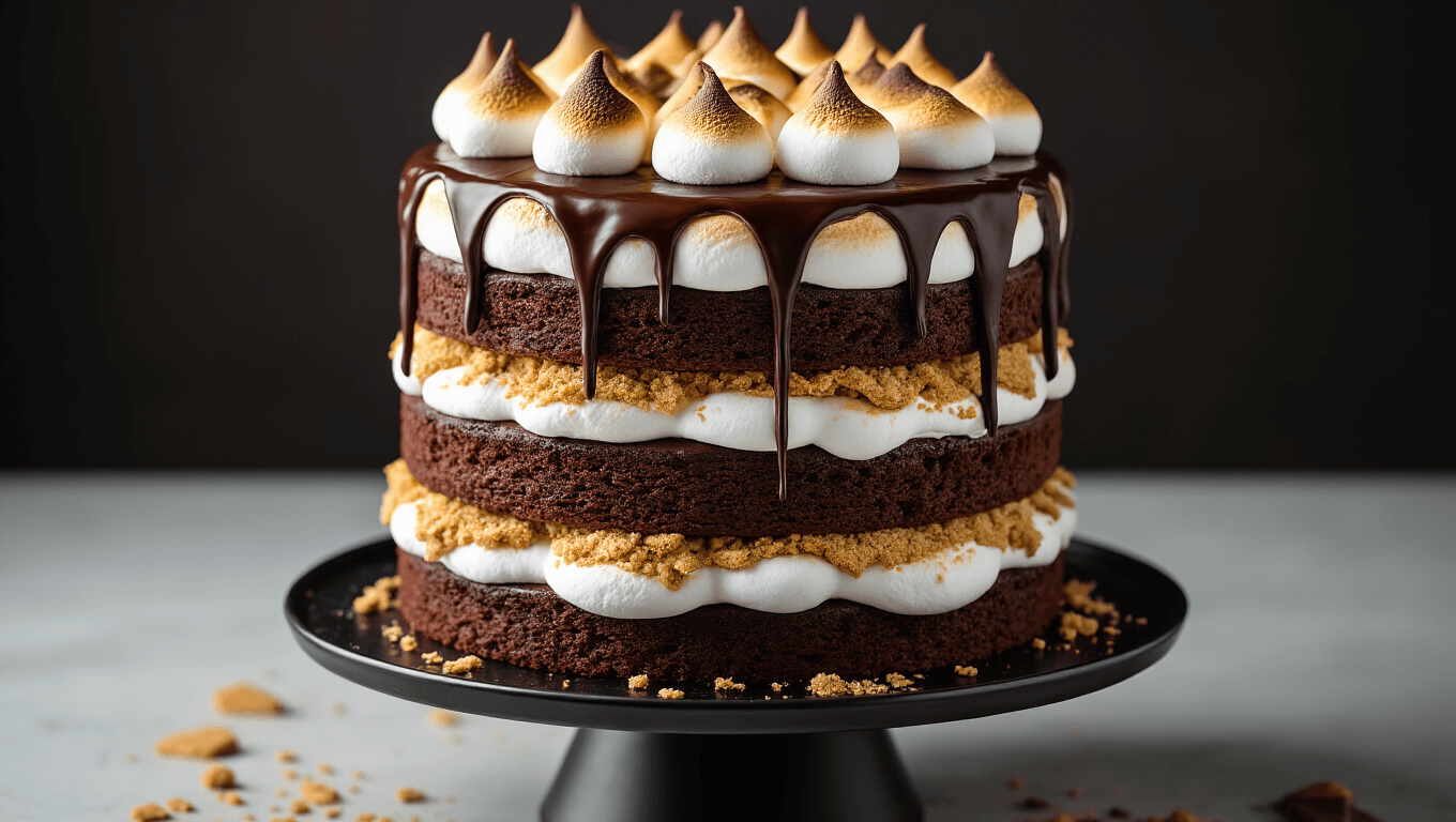 A hyperrealistic three-layer chocolate cake on a matte black stand, featuring rich layers with graham cracker crust, glossy ganache drips, and topped with torched marshmallows, set against a dark moody background.