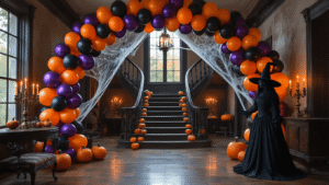 A dimly lit Victorian mansion foyer featuring a sweeping balloon arch in black, orange, and iridescent purple, illuminated ghost balloons, a grand staircase with metallic pumpkin balloons, and a life-sized witch silhouette, all enhanced by flickering candlelight and atmospheric shadows.