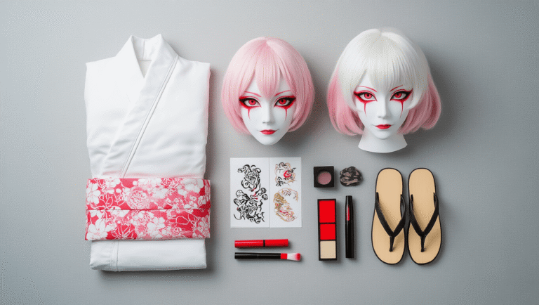 Flatlay of Sukuna cosplay essentials on a light grey backdrop, featuring a folded white kimono, styled white-pink wig, red eyeliner and face paint, intricate temporary tattoo sheets, and traditional Japanese sandals, all arranged in a visually appealing manner with soft natural lighting.
