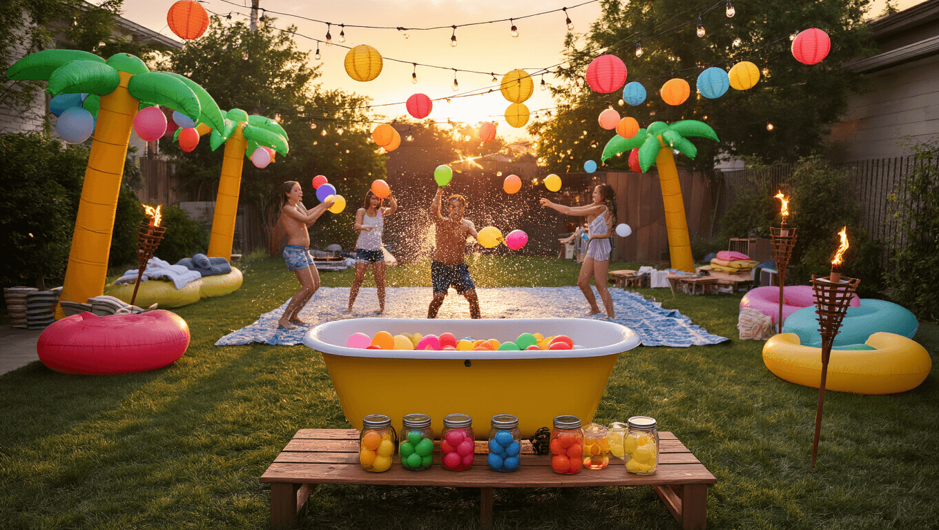A vibrant backyard water balloon party at golden hour, featuring participants in action, a vintage bathtub filling station, string lights, inflatable palm trees, and a designated dry zone under a cabana, captured with a warm color palette and soft bokeh.