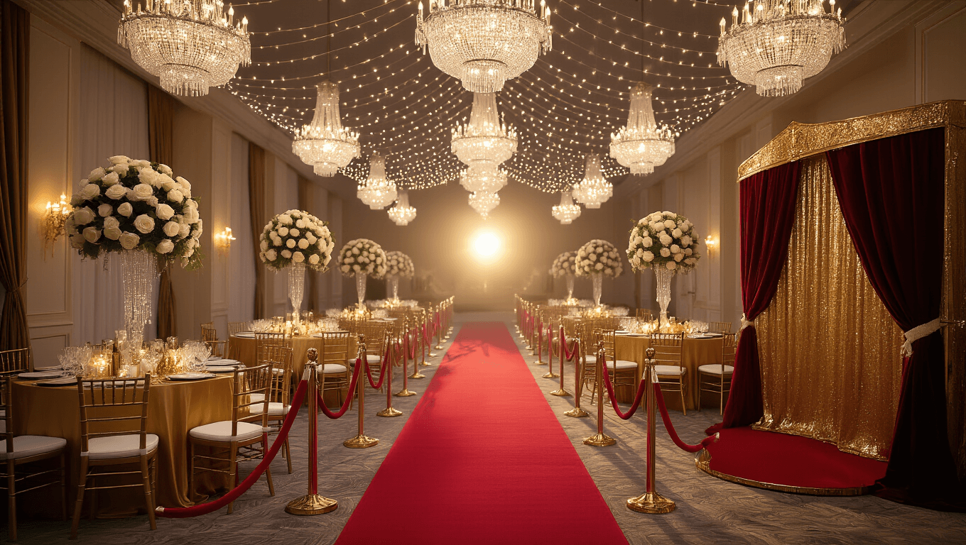 Opulent ballroom decorated for a Sweet 16 celebration, featuring crystal chandeliers, gold-draped tables with floral centerpieces, a vintage photo booth, and a mocktail bar, all under fairy lights, with a color palette of gold, cream, and blush pink.