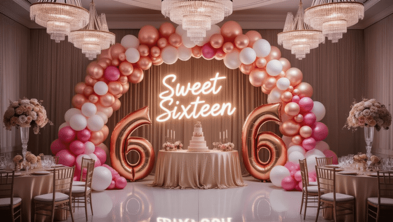 A luxurious ballroom decorated for a Sweet 16 celebration, featuring a soft ombré balloon arch, oversized gold "16" numbers, elegant floral centerpieces, and a glowing neon sign, all captured in golden hour lighting with a dreamy bokeh effect.