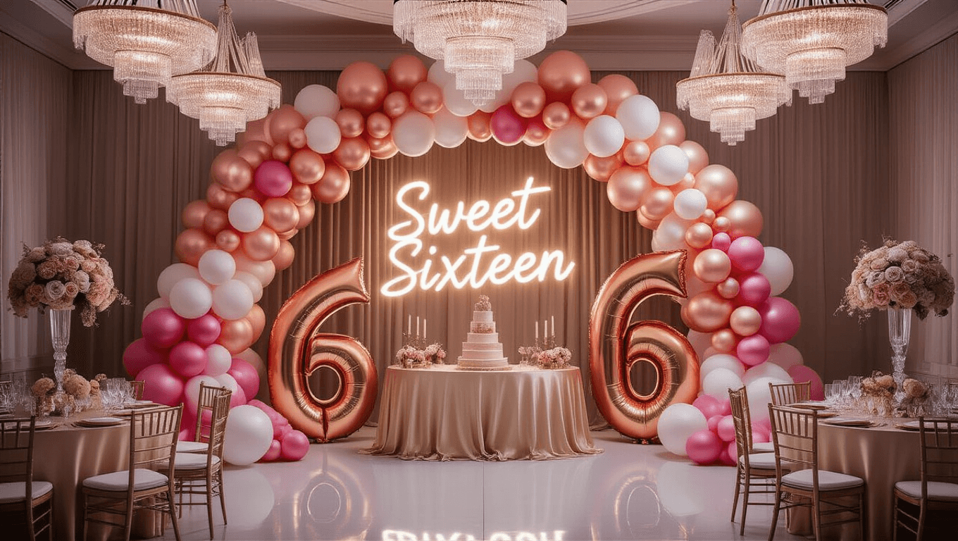 A luxurious ballroom decorated for a Sweet 16 celebration, featuring a soft ombré balloon arch, oversized gold "16" numbers, elegant floral centerpieces, and a glowing neon sign, all captured in golden hour lighting with a dreamy bokeh effect.