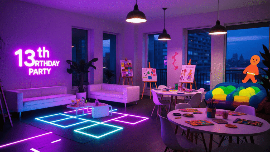 Cinematic wide-angle shot of a stylish modern apartment living room set for a 13th birthday party, featuring a neon glow dance floor, DIY craft station with colorful supplies, and an adventure corner with inflatable game props, all under warm ambient lighting and decorated with plush cushions and elegant cake stands.