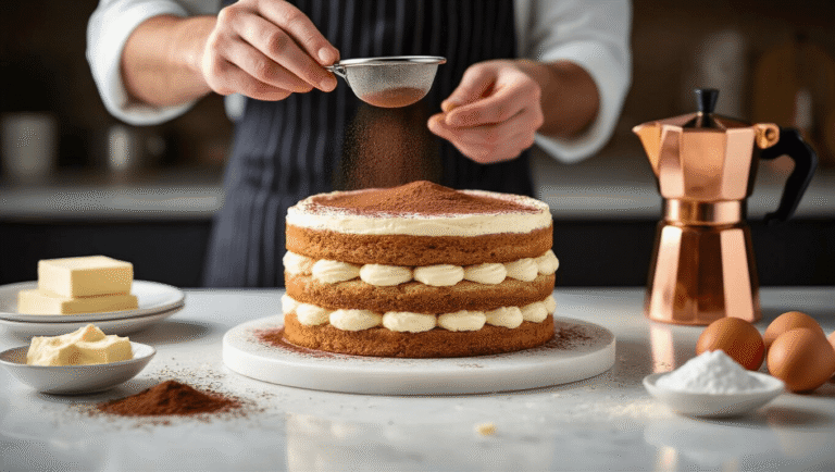 Photorealistic image of a luxurious tiramisu birthday cake being assembled on a marble countertop, showcasing layers of coffee-soaked sponge and mascarpone filling, with a chef's hand dusting cocoa powder, complemented by a copper espresso pot and fresh ingredients in a professional kitchen setting.