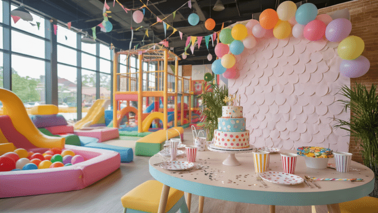 A vibrant indoor playground birthday party scene featuring pastel soft play structures, a beautifully styled party table with a themed cake, colorful balloons, and active toddlers playing, all illuminated by natural light with twinkling fairy lights above.