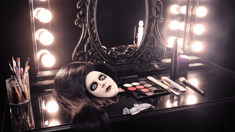 A professional vanity workspace set up for horror makeup, featuring dramatic supplies like a long black wig, white contact lenses, SFX prosthetics, and false eyelashes, illuminated by warm LED lights and surrounded by a gothic mirror and silver makeup tools.