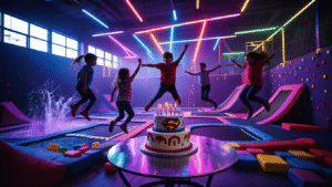Trampoline Park Birthday Party: The Ultimate Guide to Capturing High-Energy Celebrations A vibrant indoor trampoline park birthday celebration with children mid-jump against neon lighting, a superhero-themed cake on a decorated table, and foam pits in the background, all captured in dynamic 4K detail.