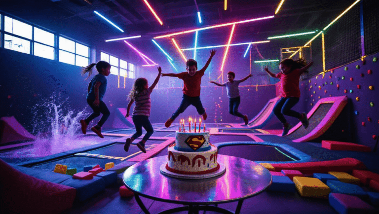 A vibrant indoor trampoline park birthday celebration with children mid-jump against neon lighting, a superhero-themed cake on a decorated table, and foam pits in the background, all captured in dynamic 4K detail.
