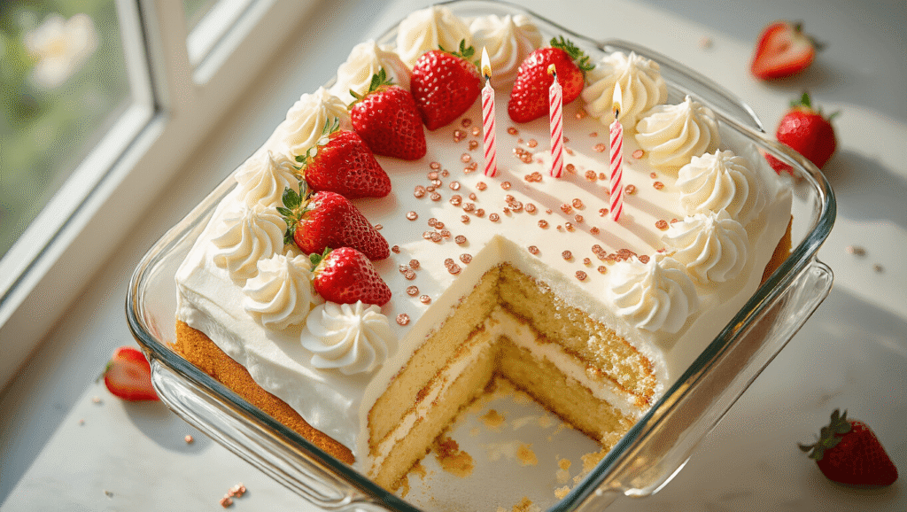 A luxurious tres leches birthday cake in a glass baking dish, topped with swirled whipped cream, fresh strawberries, and golden candles, with a moist cross-section visible. Rose gold sprinkles and condensed milk drops add shine, set against a softly blurred background of vintage measuring cups and flowers on a marble countertop.