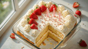 A luxurious tres leches birthday cake in a glass baking dish, topped with swirled whipped cream, fresh strawberries, and golden candles, with a moist cross-section visible. Rose gold sprinkles and condensed milk drops add shine, set against a softly blurred background of vintage measuring cups and flowers on a marble countertop.