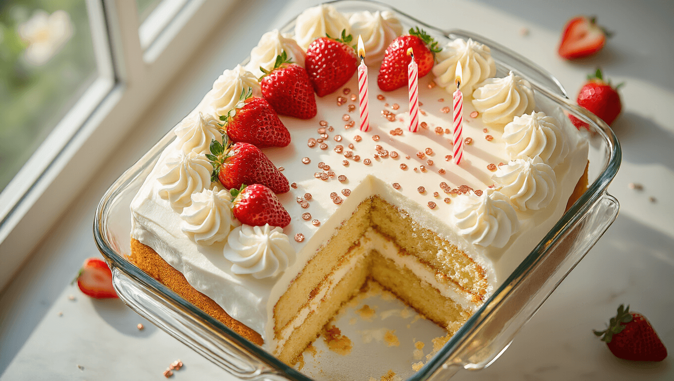A luxurious tres leches birthday cake in a glass baking dish, topped with swirled whipped cream, fresh strawberries, and golden candles, with a moist cross-section visible. Rose gold sprinkles and condensed milk drops add shine, set against a softly blurred background of vintage measuring cups and flowers on a marble countertop.