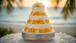 Photorealistic three-tiered white wedding cake with coconut cream frosting and fresh mango slices, set against a soft-focus tropical beach backdrop during golden hour, featuring ivory and pale peach sugar flowers, on a silver ornate cake stand with gentle shadows and dreamy bokeh.