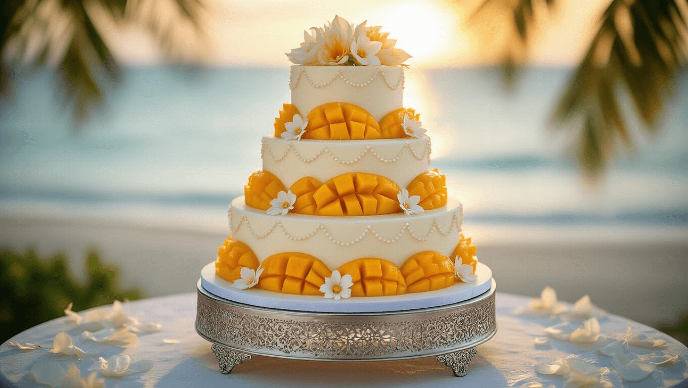 Photorealistic three-tiered white wedding cake with coconut cream frosting and fresh mango slices, set against a soft-focus tropical beach backdrop during golden hour, featuring ivory and pale peach sugar flowers, on a silver ornate cake stand with gentle shadows and dreamy bokeh.
