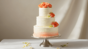 Elegant three-tiered wedding cake on a silver stand, featuring white buttercream frosting, coral papaya rosettes, crystallized lime zest, and edible ivory and coral flowers, with a subtle ombré effect and soft natural light.