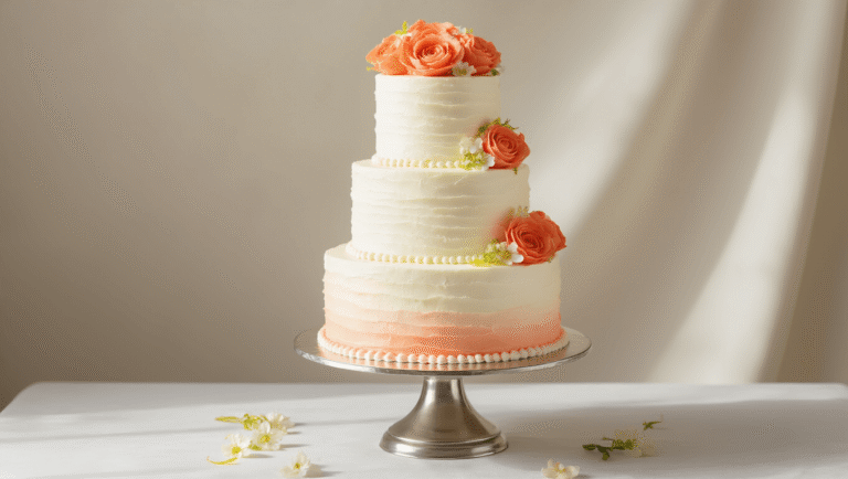 Elegant three-tiered wedding cake on a silver stand, featuring white buttercream frosting, coral papaya rosettes, crystallized lime zest, and edible ivory and coral flowers, with a subtle ombré effect and soft natural light.