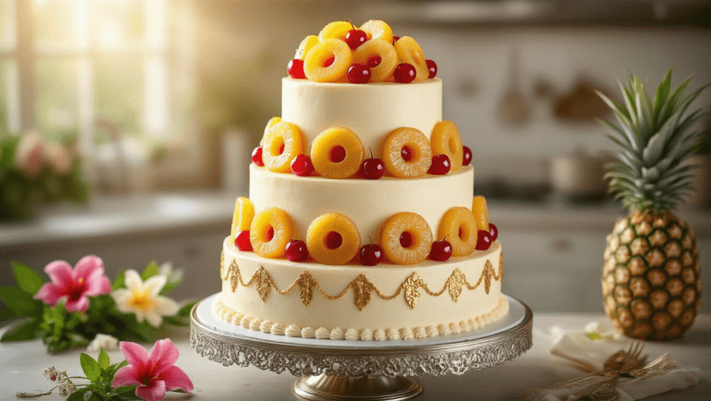 Elegant three-tiered wedding cake featuring caramelized pineapple rings and maraschino cherries, adorned with cream cheese frosting, edible gold leaf, and rum glaze, displayed on a silver stand against a luxurious kitchen backdrop, with tropical flowers and mint leaves scattered around.