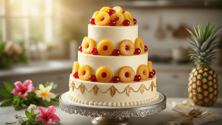Elegant three-tiered wedding cake featuring caramelized pineapple rings and maraschino cherries, adorned with cream cheese frosting, edible gold leaf, and rum glaze, displayed on a silver stand against a luxurious kitchen backdrop, with tropical flowers and mint leaves scattered around.