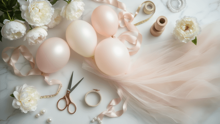 Cinematic flat lay of tulle balloon creation process on a white marble surface, featuring blush pink and ivory balloons with tulle, silk ribbons, rose gold scissors, pastel tulle spools, white peonies in glass vases, brass measuring tape, and pearl embellishments, captured with dramatic side lighting and warm golden hour tones.