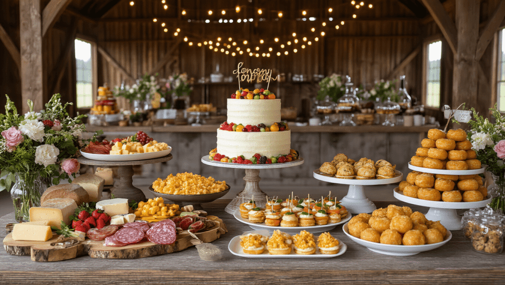 A rustic barn birthday celebration food display featuring a grazing table with artisanal cheeses and fruits, a naked cake on a vintage stand, mini sliders, and a DIY donut wall, all illuminated by warm golden hour lighting and adorned with wildflower centerpieces and fairy lights.