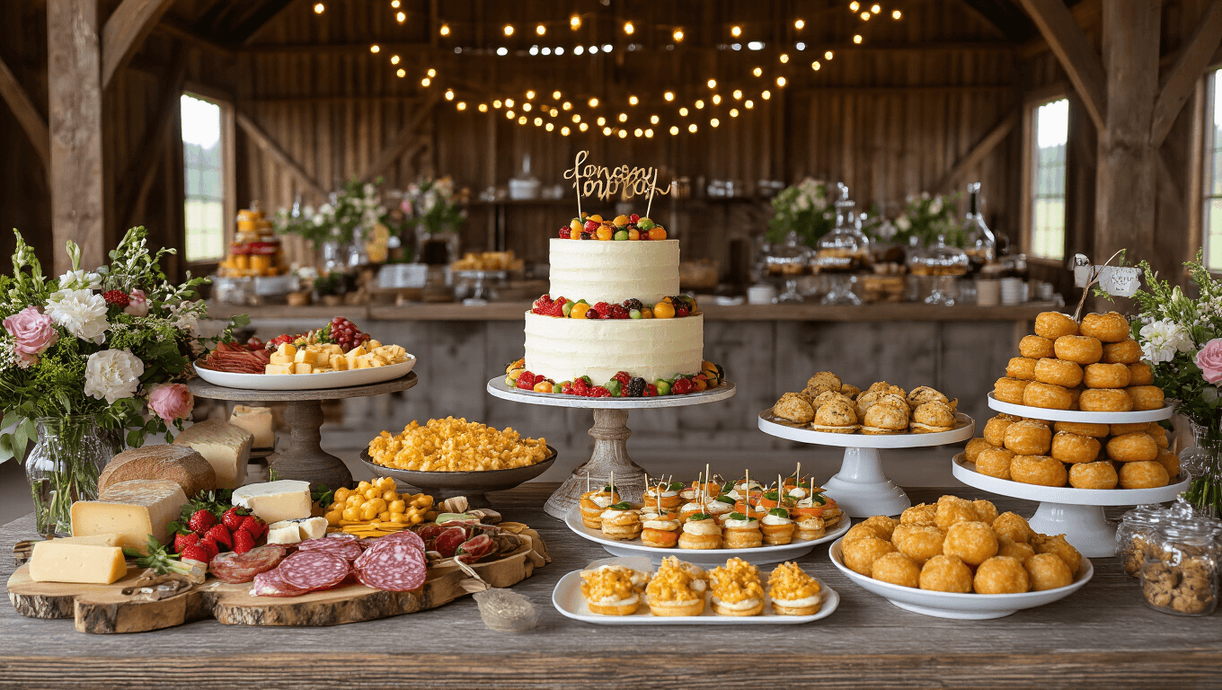 A rustic barn birthday celebration food display featuring a grazing table with artisanal cheeses and fruits, a naked cake on a vintage stand, mini sliders, and a DIY donut wall, all illuminated by warm golden hour lighting and adorned with wildflower centerpieces and fairy lights.