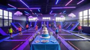 Urban Air Birthday Party: The Ultimate Guide to a Stress-Free, High-Energy Celebration Vibrant Urban Air trampoline park birthday celebration, featuring a decorated party area with a three-tiered aviation-themed cake, children bouncing on trampolines, dynamic LED lighting, and natural light rays, captured in photorealistic detail.