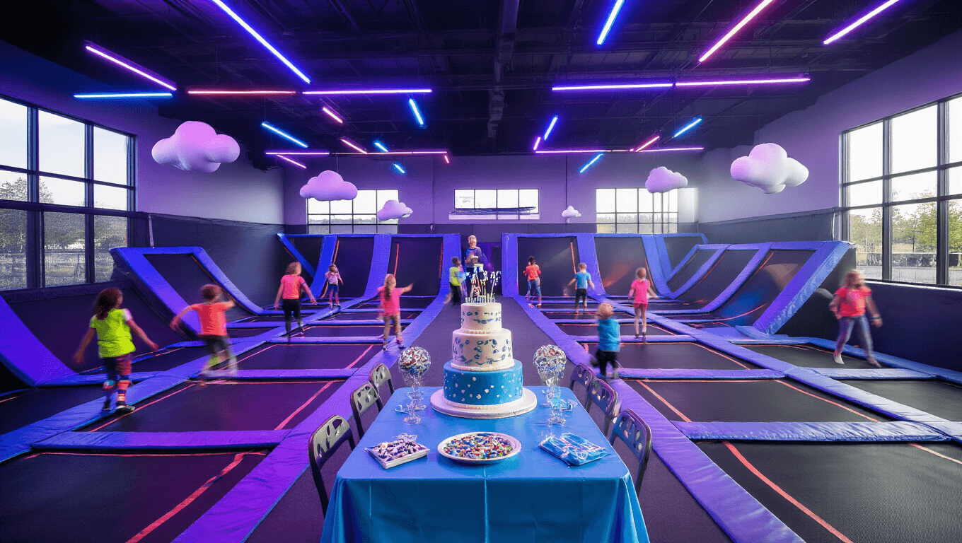 Vibrant Urban Air trampoline park birthday celebration, featuring a decorated party area with a three-tiered aviation-themed cake, children bouncing on trampolines, dynamic LED lighting, and natural light rays, captured in photorealistic detail.