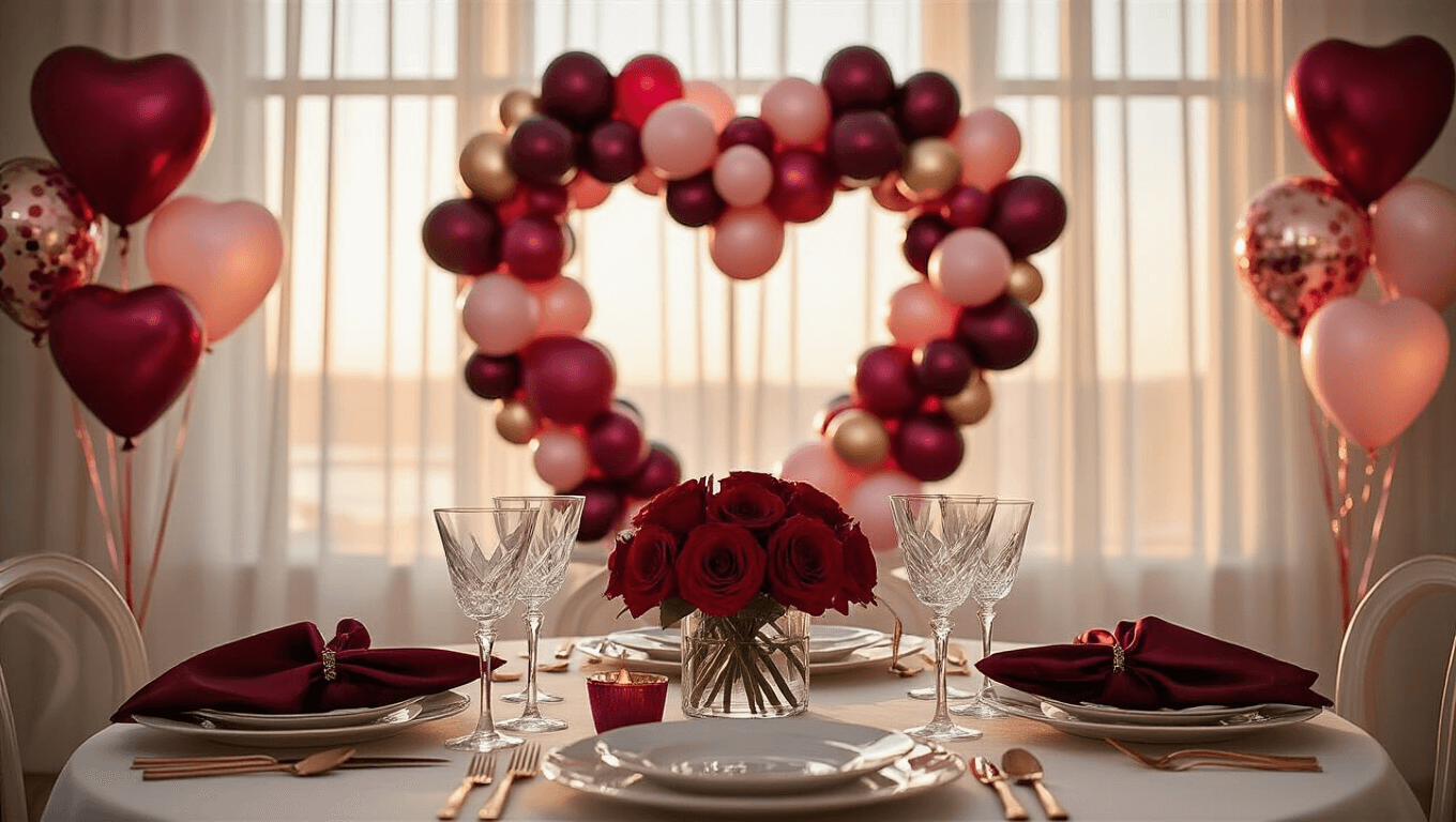 A romantic Valentine's dining setup featuring a heart-shaped balloon arch in burgundy, blush pink, and rose gold, with a beautifully set table for two, adorned with fine china, crystal glasses, and fresh roses, illuminated by soft golden hour light and surrounded by elegant balloon arrangements and rose petals.