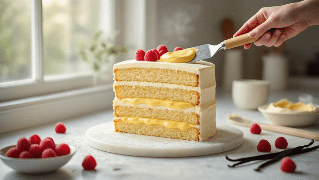 A photorealistic image of a three-layer vanilla birthday cake being assembled, featuring golden custard filling spread between the layers on a white marble countertop, with fresh raspberries and vanilla beans in the background, illuminated by natural light and showcasing intricate details of cake texture and professional pastry tools.