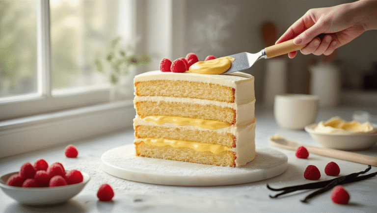 A photorealistic image of a three-layer vanilla birthday cake being assembled, featuring golden custard filling spread between the layers on a white marble countertop, with fresh raspberries and vanilla beans in the background, illuminated by natural light and showcasing intricate details of cake texture and professional pastry tools.