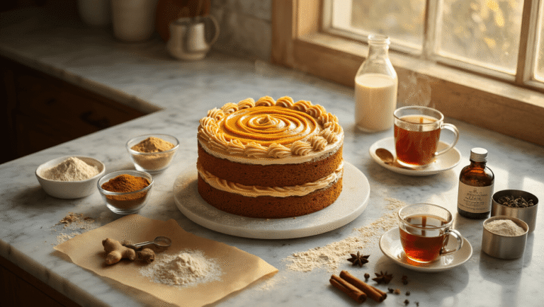 Cinematic overhead view of a two-layer vegan chai spice birthday cake with amber frosting on a rustic marble counter, surrounded by baking ingredients, a steaming cup of chai tea, and warm golden hour lighting.