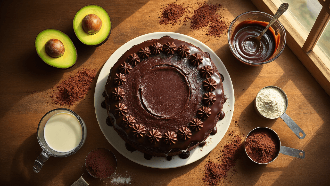 Cinematic overhead shot of a decadent vegan chocolate avocado cake with dark chocolate ganache on a rustic wooden counter, surrounded by ripe avocados, cocoa powder, melted chocolate, plant milk, brown sugar, flour, fresh raspberries, and mint leaves, illuminated by warm golden hour sunlight.