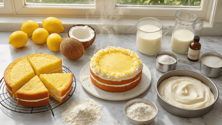Cinematic overhead shot of a vegan lemon coconut birthday cake preparation on a marble countertop, featuring cooling golden cake layers, fresh lemons, opened coconut, and various baking ingredients, set in warm natural light.