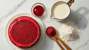Cinematic overhead shot of vegan red velvet cake ingredients artfully arranged on marble countertop, featuring vibrant food coloring, creamy soy milk, cocoa powder, flour, sugar, vegetable oil, apple cider vinegar, and vegan cream cheese for frosting, with warm golden hour lighting creating soft shadows.