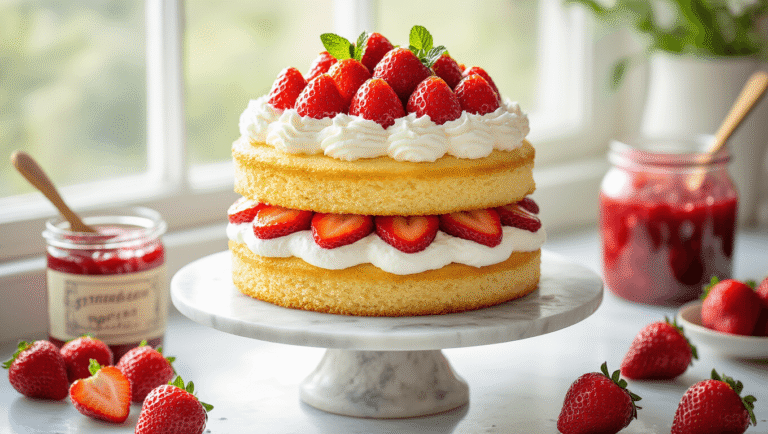 Cinematic close-up of a two-layer vegan strawberry shortcake birthday cake with coconut whipped cream and fresh strawberries, elegantly displayed on a marble stand, surrounded by ingredients and warm, cozy kitchen ambiance.