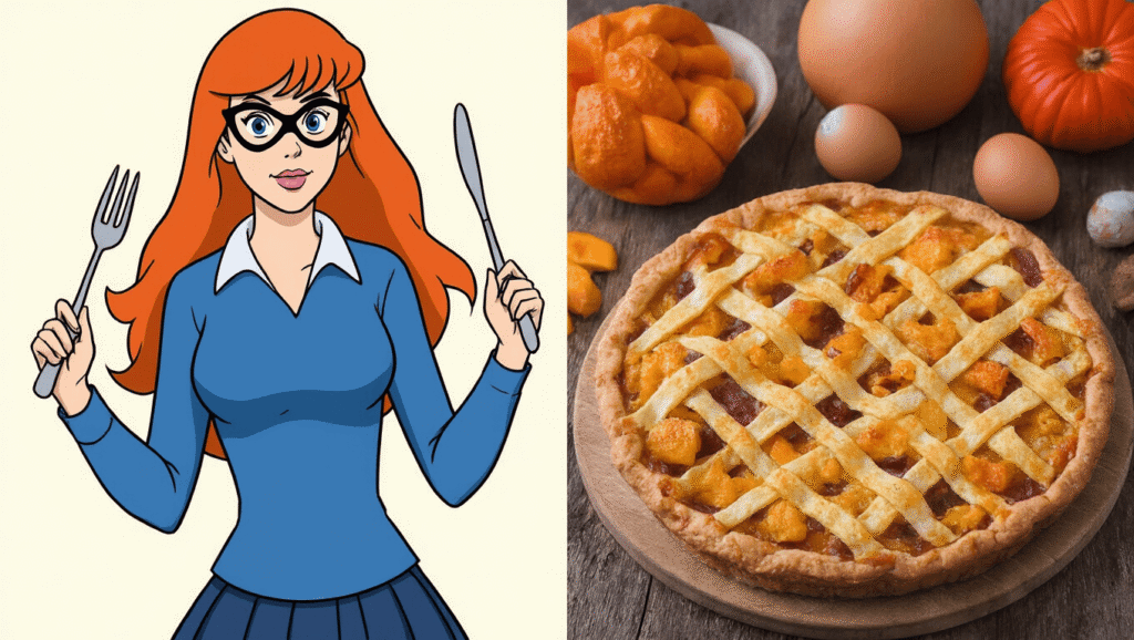 A vibrant Velma Dinkley cosplay featuring a woman in an orange turtleneck sweater and red skirt, surrounded by Scooby-Doo themed decorations.