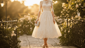 A romantic ivory lace tea-length dress photographed during golden hour in a sun-drenched garden, styled with pearl-detailed kitten heels and a vintage clutch, featuring delicate floral patterns against a softly blurred background of wrought-iron railings and flowering bushes.