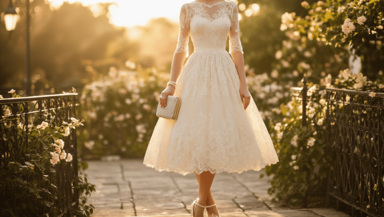 A romantic ivory lace tea-length dress photographed during golden hour in a sun-drenched garden, styled with pearl-detailed kitten heels and a vintage clutch, featuring delicate floral patterns against a softly blurred background of wrought-iron railings and flowering bushes.