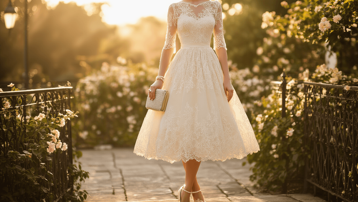 A romantic ivory lace tea-length dress photographed during golden hour in a sun-drenched garden, styled with pearl-detailed kitten heels and a vintage clutch, featuring delicate floral patterns against a softly blurred background of wrought-iron railings and flowering bushes.