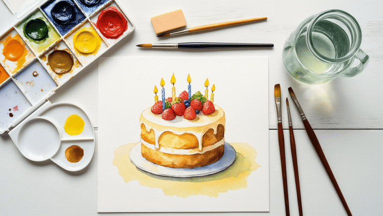 Cinematic overhead view of an artist's clean workspace with a half-finished watercolor birthday cake painting, surrounded by professional watercolor supplies and natural light enhancing the delicate colors.