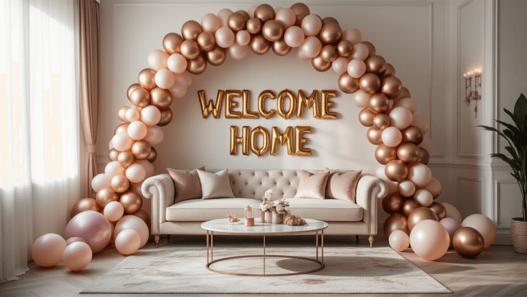 Elegant living room with a metallic balloon arch and letter balloons spelling "WELCOME HOME," featuring a plush velvet sofa, marble coffee table, fairy lights, and floral arrangements, creating a warm celebration atmosphere.