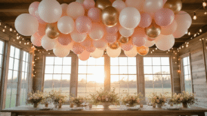 A whimsical party space with a cloud-like canopy of blush pink, champagne gold, and pearl white balloons floating above a rustic wooden table adorned with crystal glasses and wildflowers, illuminated by soft golden hour light and warm string lights.