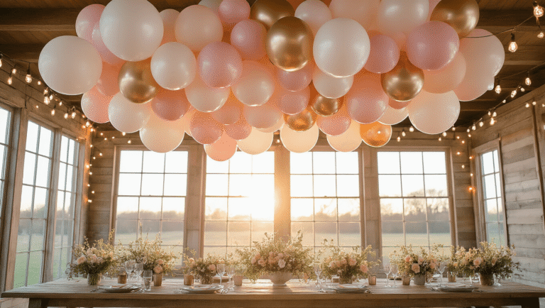 A whimsical party space with a cloud-like canopy of blush pink, champagne gold, and pearl white balloons floating above a rustic wooden table adorned with crystal glasses and wildflowers, illuminated by soft golden hour light and warm string lights.