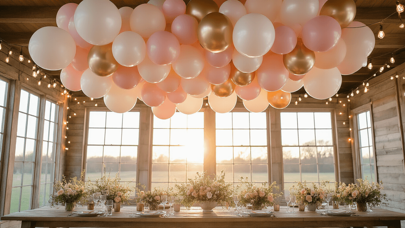 A whimsical party space with a cloud-like canopy of blush pink, champagne gold, and pearl white balloons floating above a rustic wooden table adorned with crystal glasses and wildflowers, illuminated by soft golden hour light and warm string lights.