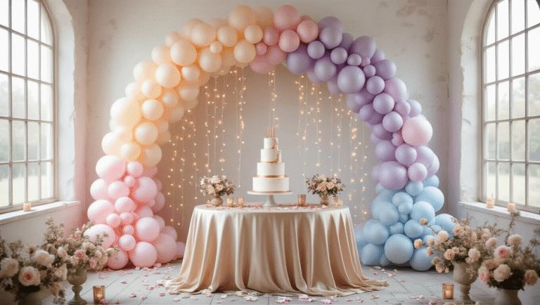 A whimsical birthday party setup featuring a pastel balloon arch, a vintage wooden table with a three-tiered white cake, rose petals, and fairy lights, captured in soft natural light with a dreamy bokeh effect.