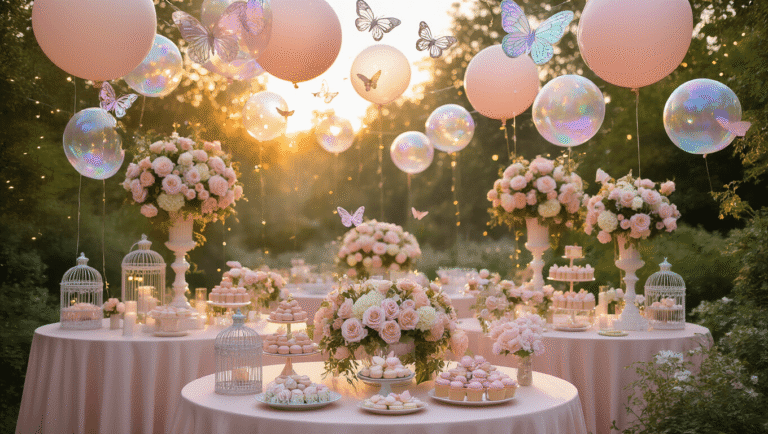 A whimsical garden party set during golden hour, featuring blush silk-draped tables with towering floral centerpieces, metallic butterfly balloons, vintage birdcages, and a dessert cart with pastel treats, all bathed in warm natural light and dreamy bokeh.